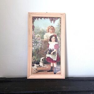 Antique Framed Lithograph – Two Girls with Dog & Flowers, Victorian Reproduction